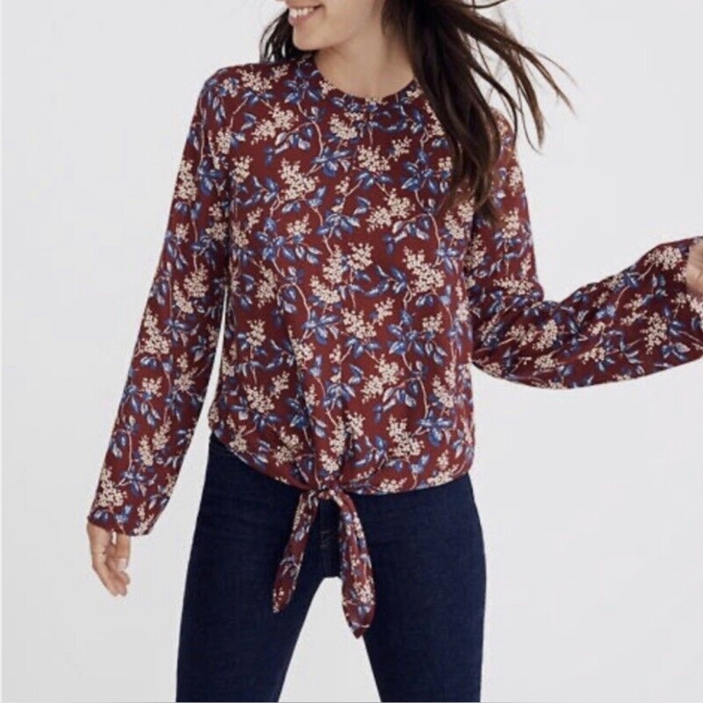 Madewell XS burgundy blue floral tie blouse
